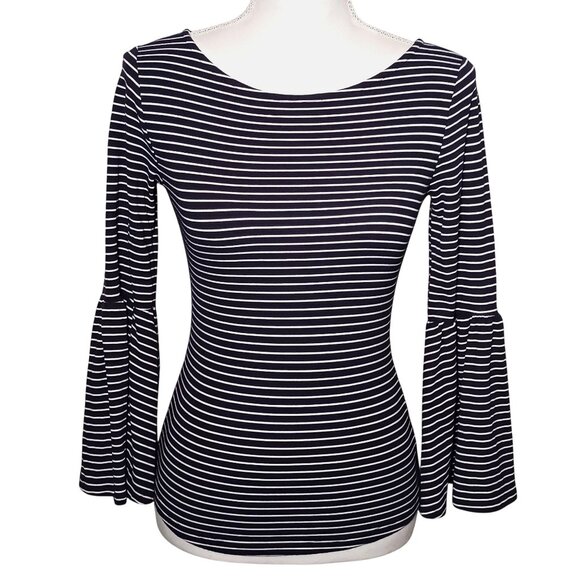 Frame Boatneck Bell Sleeve Striped Top Modal Navy Blue White Women's XS Nautical - Picture 2 of 12